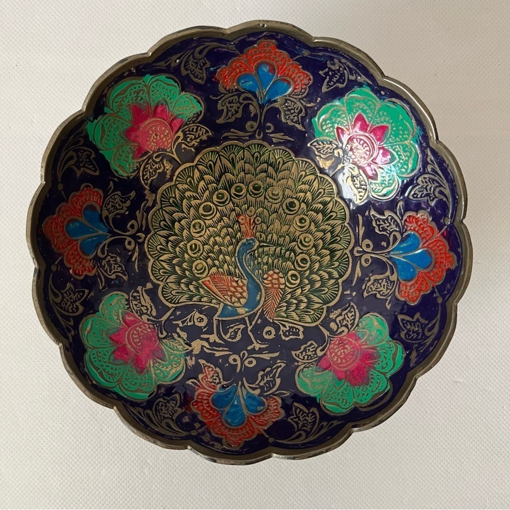 Vintage Brass Enamel Peacock Bowl Dish